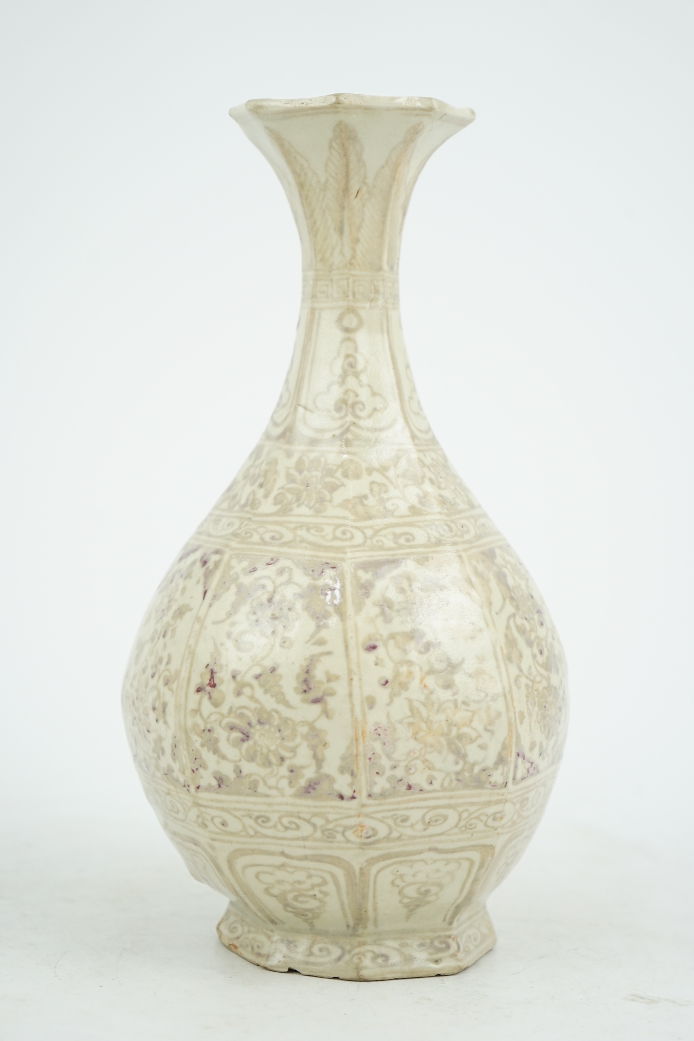 A Chinese underglaze copper red octagonal bottle vase, yuhuchunping, possibly Yuan or Hongwu period, Ming dynasty